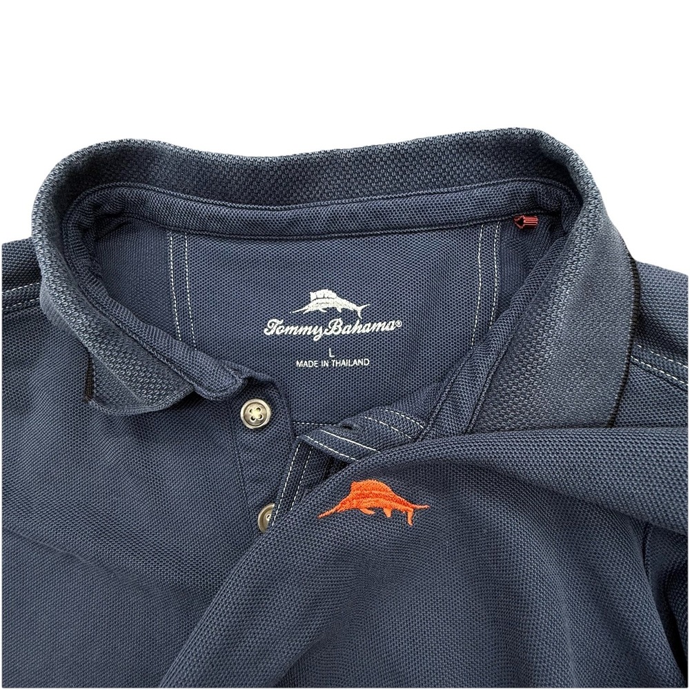 Tommy Bahama Pima Blue Knit Polo Shirt L Short Sleeve Collared Button Men